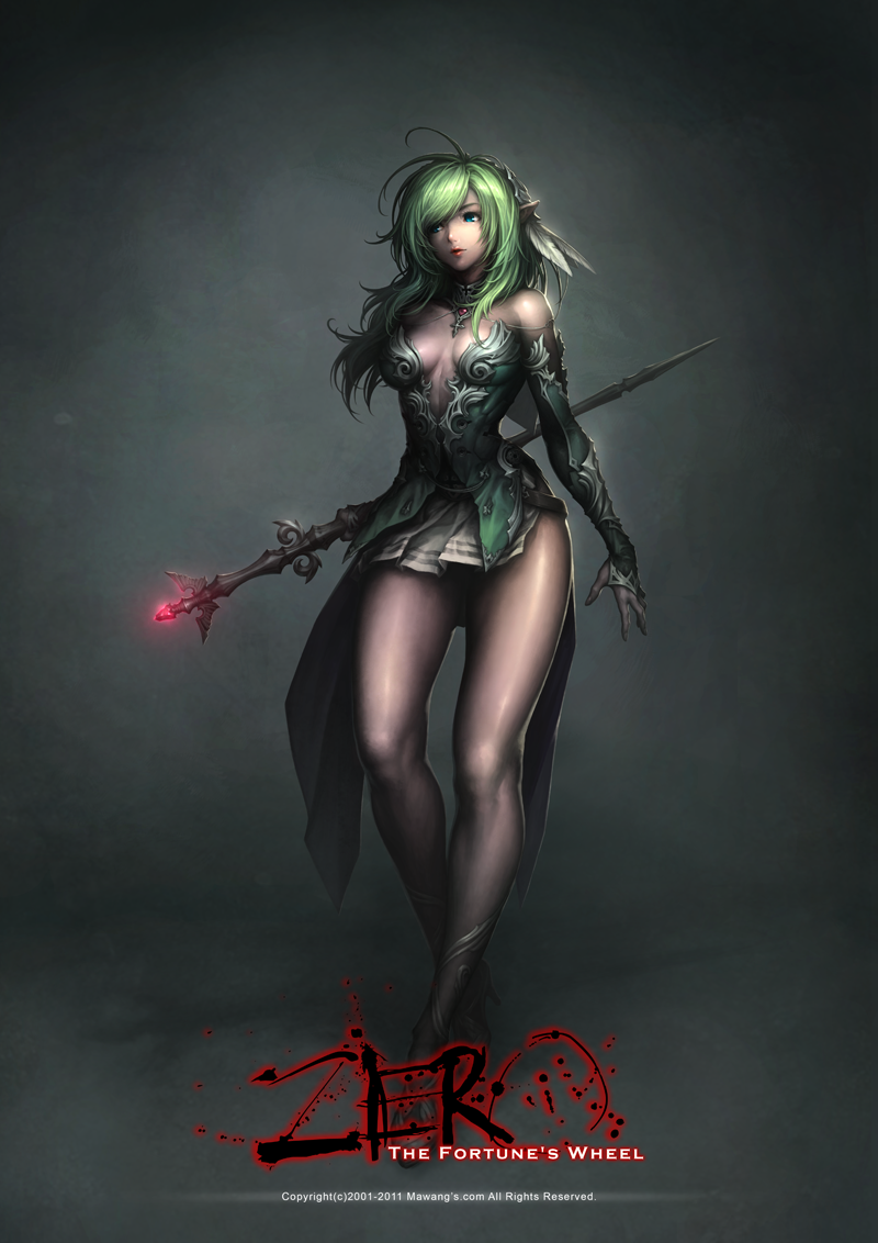 blue_eyes breasts center_opening cleavage copyright_request detached_collar dress elf feathers green_hair jewelry legs lipstick long_hair long_legs makeup mawang medium_breasts pointy_ears short_dress solo staff strapless strapless_dress thighs