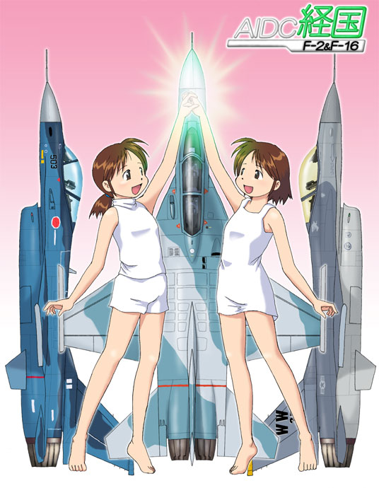 aircraft airplane artist_request bare_shoulders barefoot black_eyes brown_hair canopy character_name dress f-16_fighting_falcon f-2 f-ck-1 fighter_jet figure_17 holding_hands jet look-alike military military_vehicle multiple_girls open_mouth original parody personification ponytail short_hair shorts siblings sisters twins