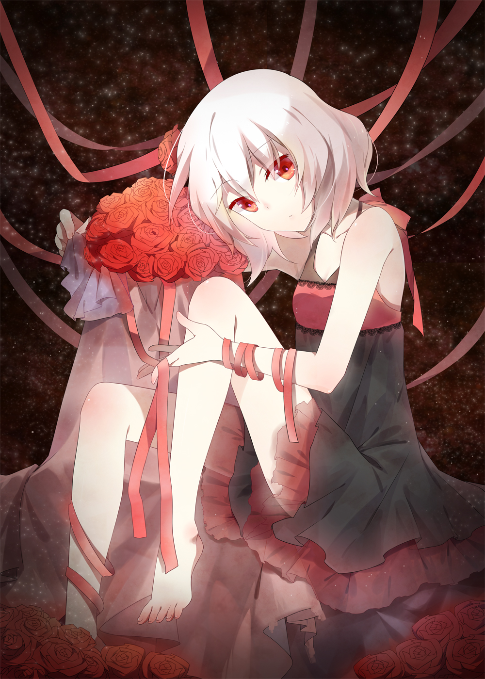 bad_id bad_pixiv_id barefoot flower highres original p0ckylo red_eyes red_flower red_rose ribbon rose short_hair silver_hair sitting solo