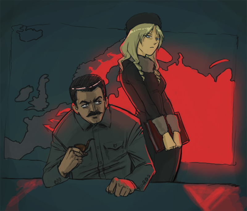 1boy 1girl black_hair blonde_hair blue_eyes command_and_conquer drill_hair europe facial_hair fur hat indoors joseph_stalin map mustache pipe politician russia russia-onee-sama sitting smoking soviet soviet_union standing table ussr