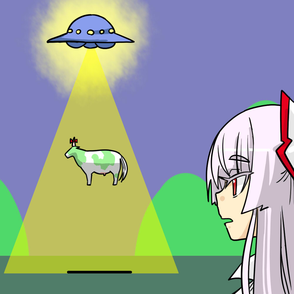 abduction animalization beam bow cow floating fujiwara_no_mokou hair_bow hill horn horn_ribbon horns kamishirasawa_keine long_hair looking_at_another open_mouth red_eyes ribbon seki_(red_shine) silver_hair simple_background solo touhou traction_beam ufo