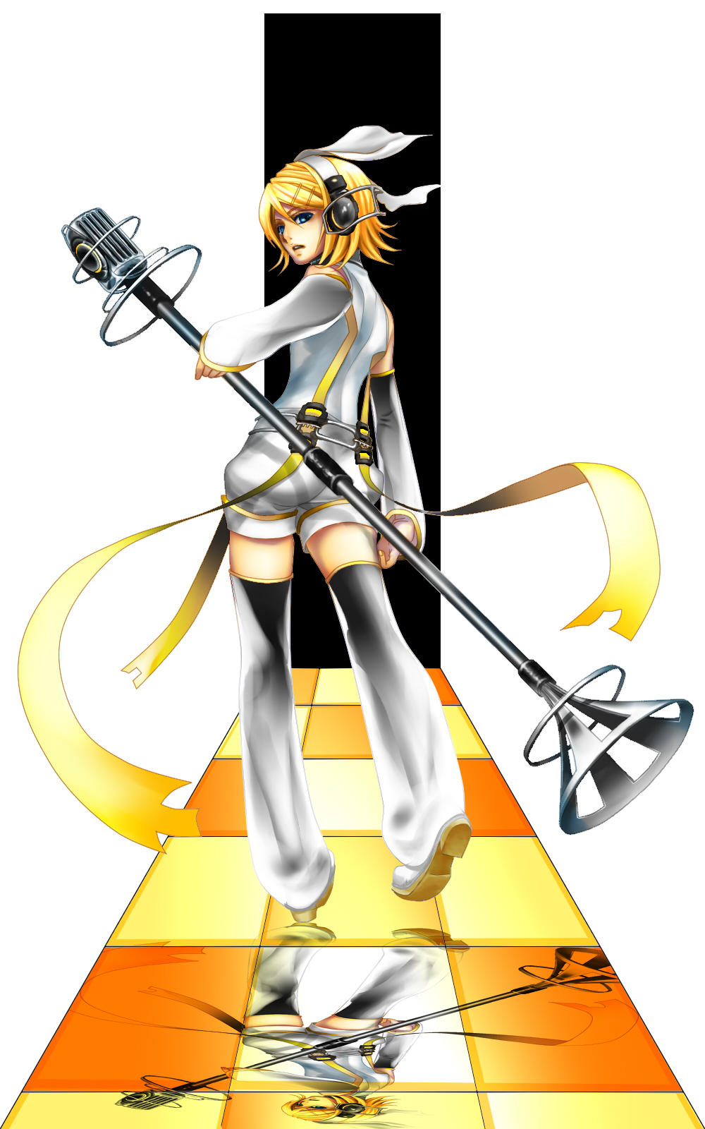 ass bad_id bad_pixiv_id bad_reflection blonde_hair boots error from_behind hair_ornament hairclip headphones highres kagamine_rin legs long_sleeves looking_at_viewer looking_back microphone reflection ribbon shorts snail8 solo suspenders vocaloid