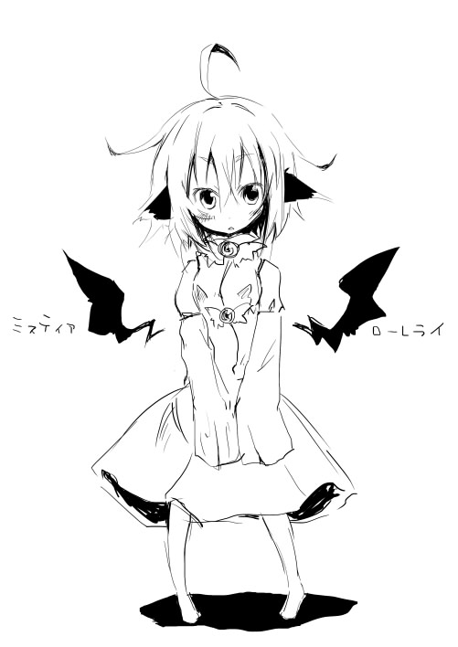 ahoge animal_ears barefoot character_name detached_wings dress full_body greyscale kuroneko_no_toorimichi looking_at_viewer messy_hair monochrome mystia_lorelei short_hair simple_background sketch solo touhou v_arms white_background wings