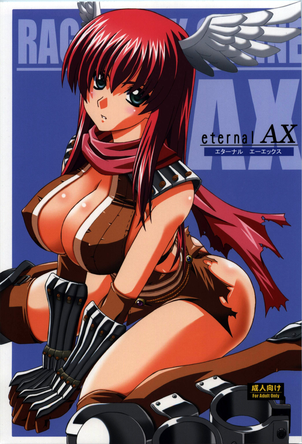 arm_support assassin_cross blue_eyes blush breasts brown_legwear cleavage covered_nipples head_wings highres kumashiro_izuta large_breasts leaning_forward looking_at_viewer parted_lips ragnarok_online red_hair red_scarf scarf sitting solo thighhighs wariza
