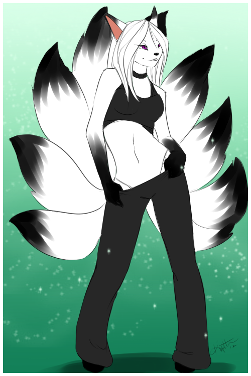 big_breasts canine clothing dress female fluff fox hair hair_over_eye joy kiittn kitsune long_hair looking_at_viewer mammal minty_freshness multiple_tails music overboob pink_eyes roxanne_(character) solo tail white_hair