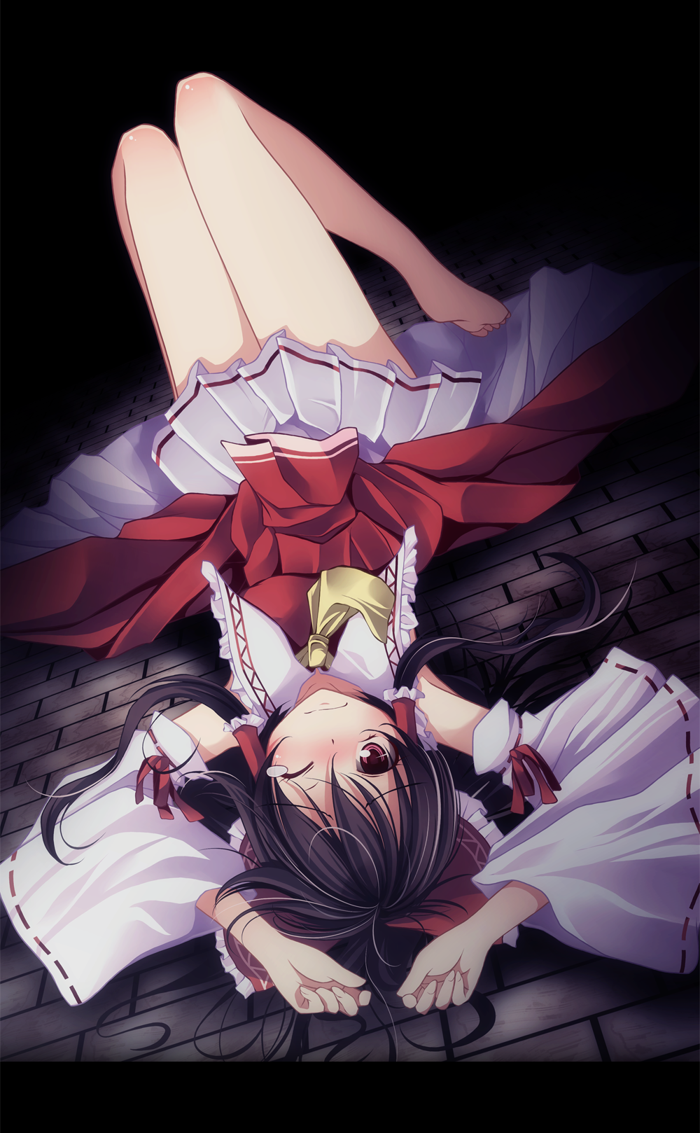 \o/ adapted_costume armpits arms_up ascot bad_id bad_pixiv_id bare_legs bare_shoulders barefoot bend black_hair bow brown_eyes brown_hair curiosities_of_lotus_asia detached_sleeves frills frown hair_bow hair_tubes hakurei_reimu highres letterboxed long_hair looking_at_viewer lying on_back one_eye_closed outstretched_arms pleated_skirt s-syogo skirt solo tears touhou upside-down wide_sleeves