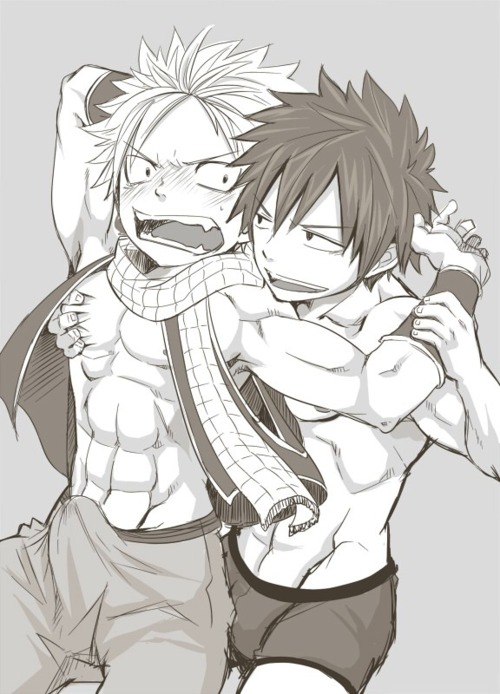 2boys abs blush bulge character_request chest clothed_erection ebitendon erection erection_under_clothes fair_tail fairy_tail from_behind gray_fullbuster grope groping male male_focus monochrome multiple_boys muscle natsu_dragneel open_clothes pecs scarf topless torakichi_(ebitendon) underwear vest yaoi