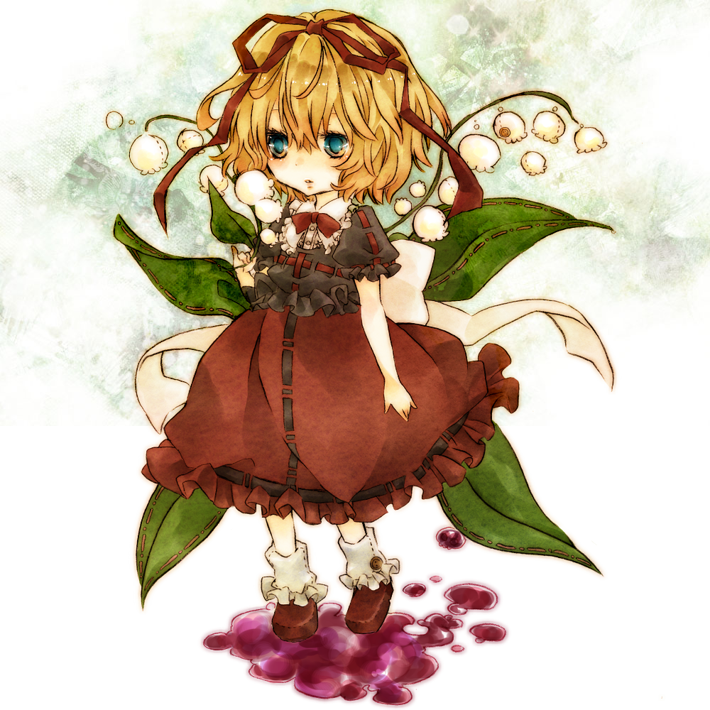 bad_id bad_pixiv_id blonde_hair blue_eyes bow dress flower full_body hair_ribbon koura_higure lily_of_the_valley medicine_melancholy open_mouth puddle ribbon short_hair solo touhou