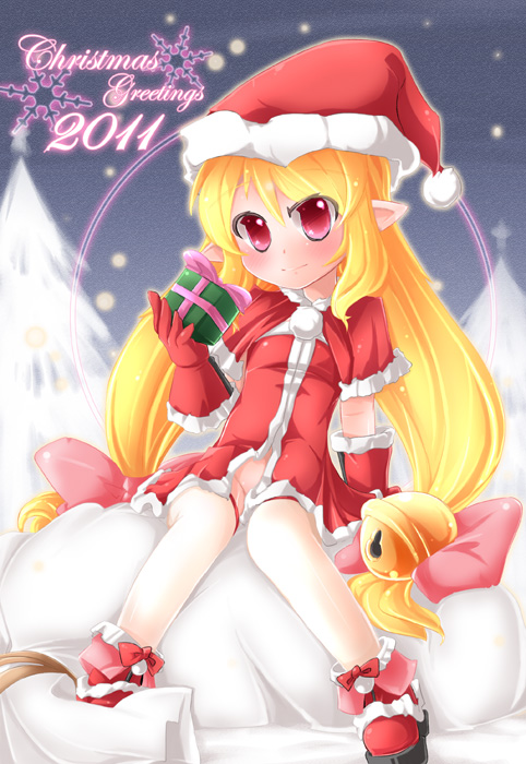 blonde_hair christmas gift gloves hat holding long_hair naik original red_eyes santa_hat solo