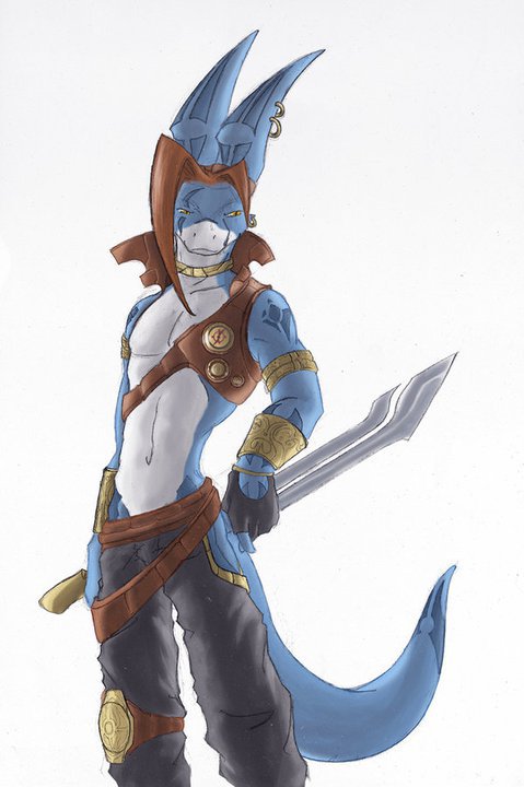 blue blue_fur fur male piercing reptile scalie solo sword tattoo weapon