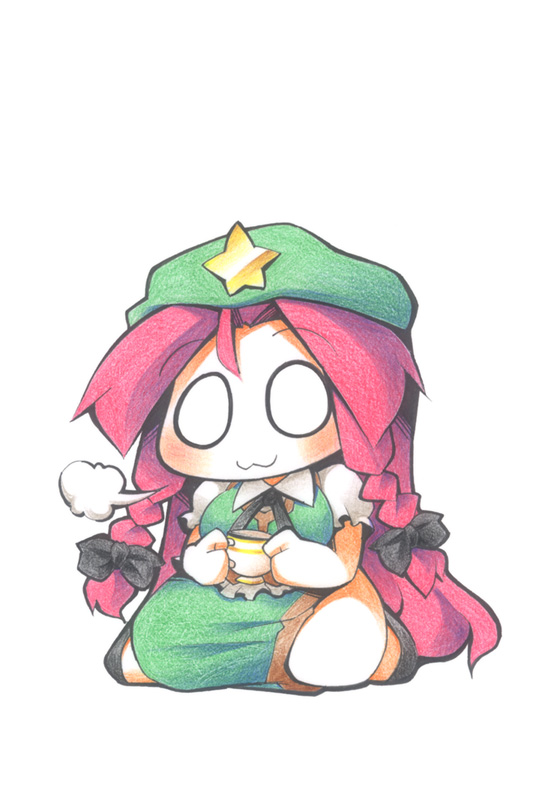 :3 bad_id bad_pixiv_id bow braid breath chibi hair_bow hat hong_meiling long_hair o_o red_hair sitting solo star touhou twin_braids ushi very_long_hair