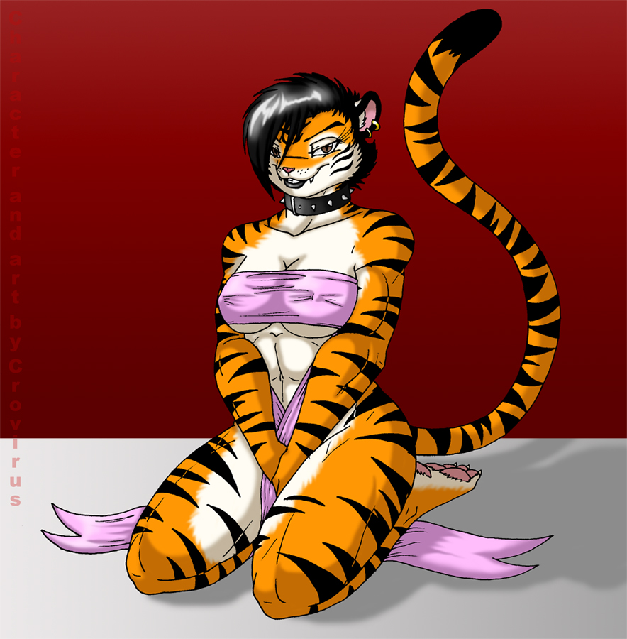 big_breasts black_hair breasts brown_eyes choker cleavage clothed clothing collar covering crovirus ear_piercing earring fang-hua_ming fangs feline female hair hindpaw looking_at_viewer mammal muscles muscular_female pawpads paws piercing ribbons short_hair sitting smile solo spiked_collar stripes tail teeth tiger