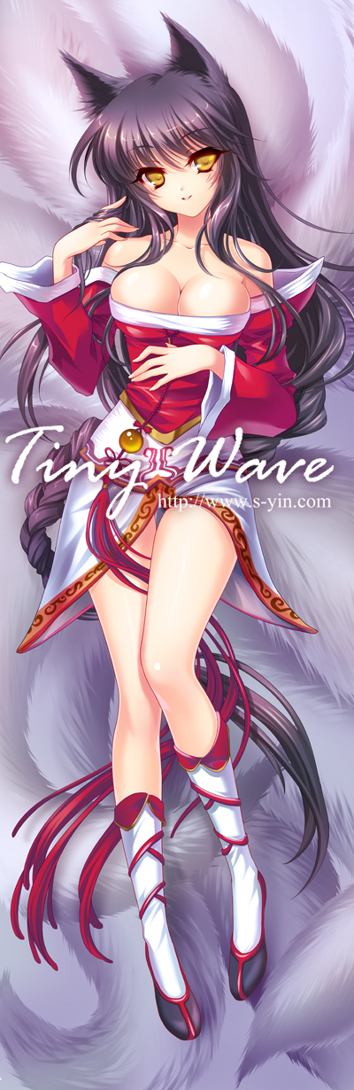 ahri animal_ears bare_shoulders black_hair breasts cleavage collarbone detached_sleeves facial_mark fox_ears fox_tail hair_twirling hand_in_hair highres kneehighs large_breasts league_of_legends long_hair looking_at_viewer lying multiple_tails on_back parted_lips s-yin smile solo tail very_long_hair whisker_markings white_legwear yellow_eyes