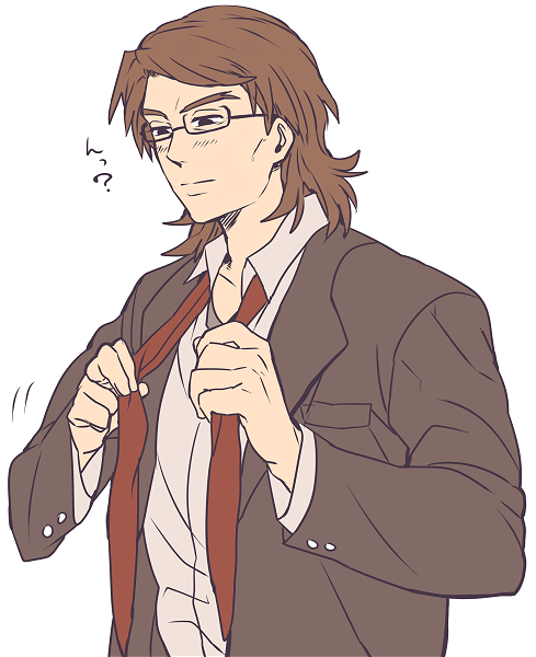 ? alternate_costume bangs bespectacled brown_eyes brown_hair dressing fate/stay_night fate/tiger_colosseum fate_(series) flat_color formal glasses kotomine_kirei male_focus necktie solo suit swept_bangs