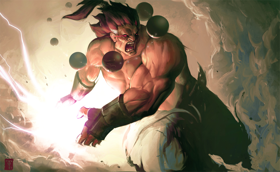 beads dark_skin dark_skinned_male gloves gouki hadouken male_focus muscle open_mouth red_hair solo street_fighter torn_clothes tyler_james