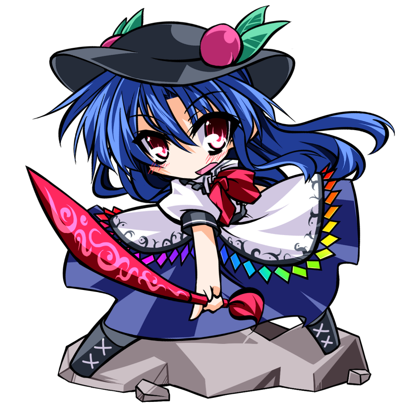 blue_hair blush bow cross-laced_footwear food fruit full_body hat hemogurobin_a1c hinanawi_tenshi leaf long_hair long_skirt open_mouth peach red_eyes rock short_sleeves skirt solo sword sword_of_hisou touhou transparent_background weapon