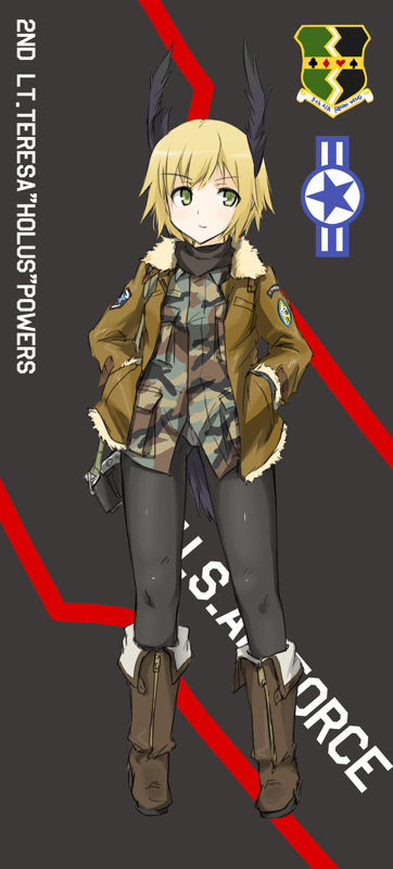bad_id bad_pixiv_id blonde_hair bomber_jacket boots camera camouflage coat commentary crotch_seam dakku_(ogitsune) green_eyes hands_in_pockets head_wings jacket military military_uniform original panties panties_under_pantyhose pantyhose short_hair smile solo strike_witches_1991 tail underwear uniform world_witches_series