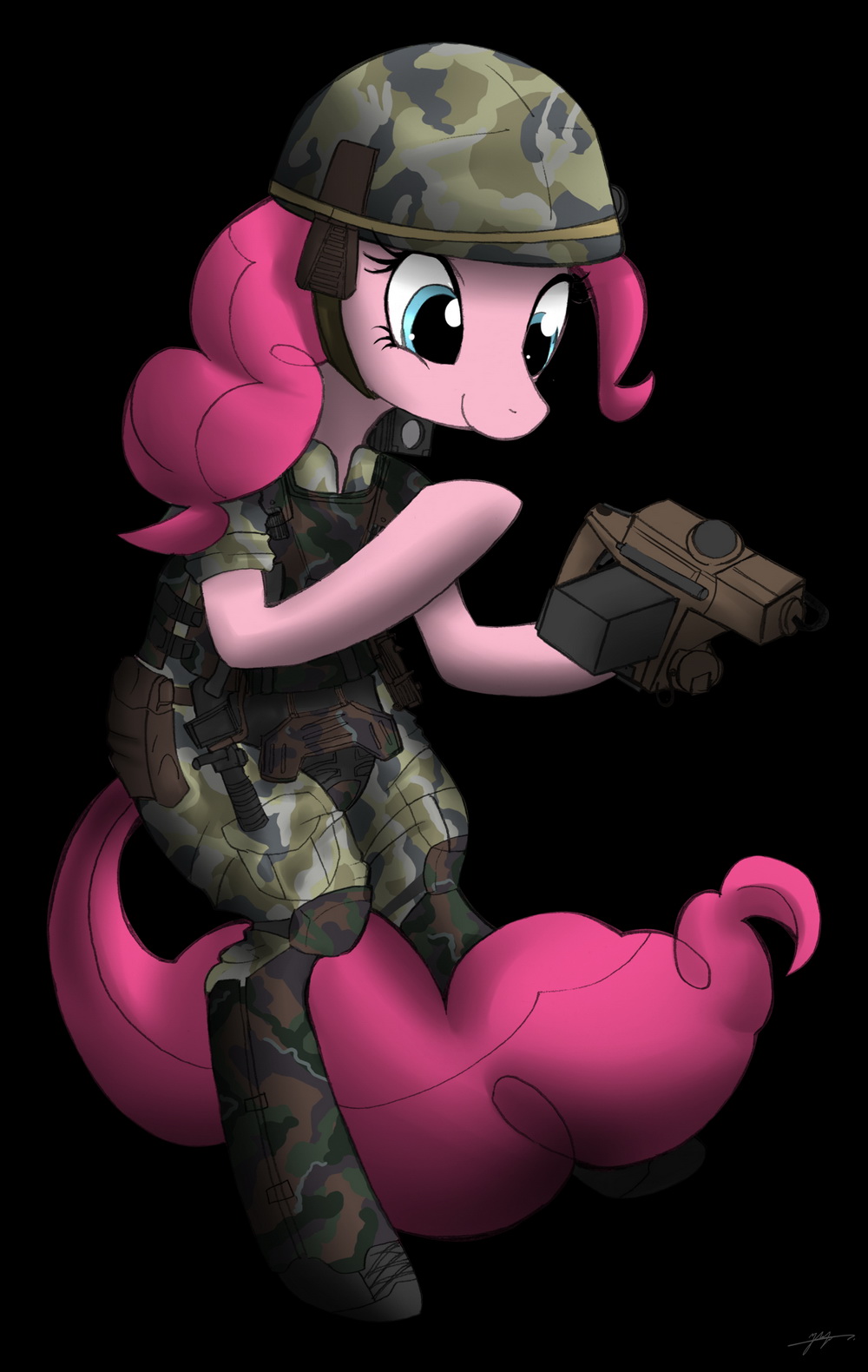 army army_helmet belt boots camera camo clothing equine female friendship_is_magic helmet horse knife mammal military my_little_pony pinkie_pie_(mlp) pony smile solo tail vest