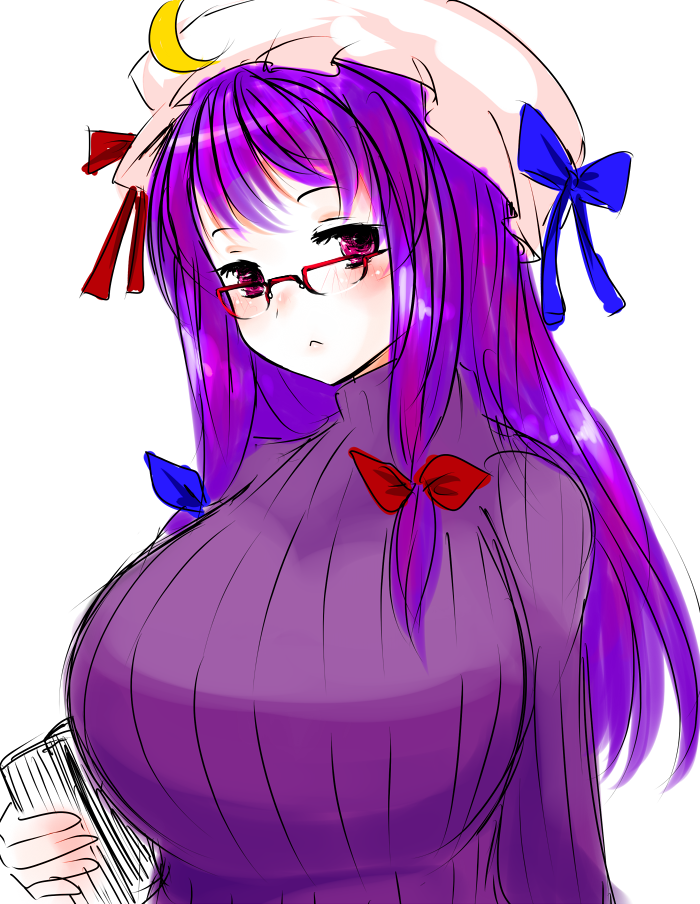 :&lt; alternate_costume bespectacled book bow breasts crescent glasses hair_bow han_(jackpot) hat huge_breasts long_hair over-rim_eyewear patchouli_knowledge pink_eyes purple_hair ribbed_sweater semi-rimless_eyewear solo sweater touhou