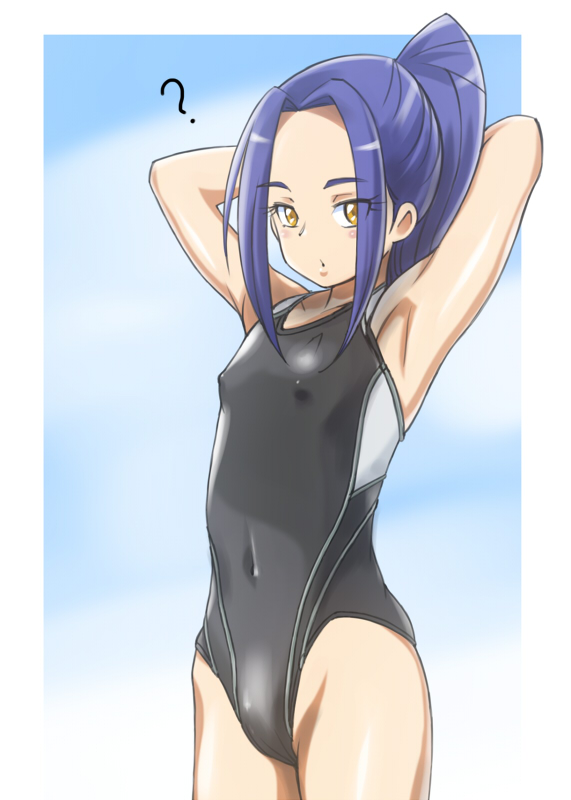 :o ? aqua_background armpits arms_behind_back arms_up bangs black_swimsuit blue_hair blush cloud competition_swimsuit covered_nipples day eyelashes flat_chest groin h26r highleg highleg_swimsuit kurokawa_eren long_hair looking_at_viewer navel one-piece_swimsuit open_mouth outdoors ponytail precure seiren_(suite_precure) sky solo standing suite_precure swimsuit yellow_eyes
