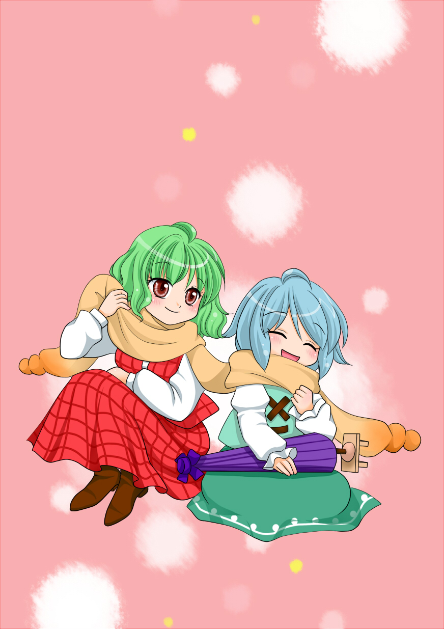 ^_^ blue_hair blush closed_eyes closed_umbrella commentary_request geta green_hair highres kazami_yuuka multiple_girls orange_scarf plaid plaid_skirt scarf shared_scarf short_hair sitting skirt smile tatara_kogasa touhou umbrella vest yuzuna99