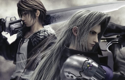 2boys armor black_gloves brown_hair final_fantasy final_fantasy_vii final_fantasy_viii fur_collar gloves gunblade jacket jewelry long_hair lowres male male_focus multiple_boys necklace sephiroth shirt squall_leonhart sword weapon white_hair white_shirt