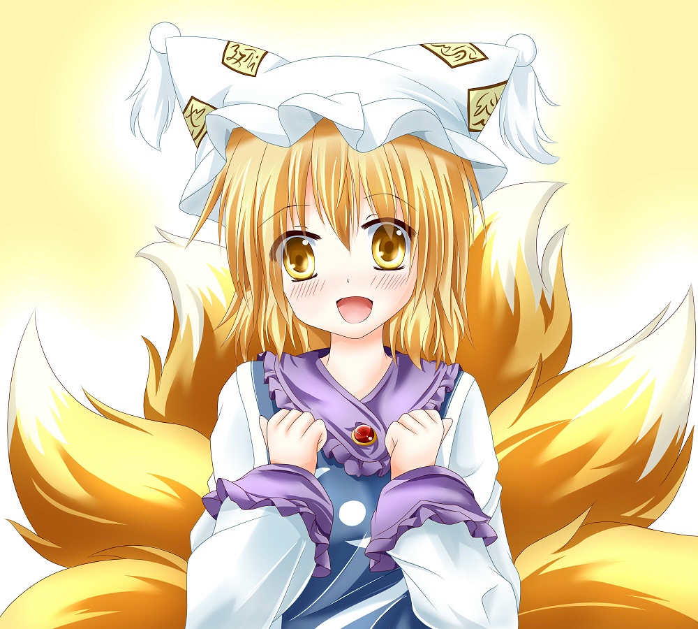 bad_id bad_pixiv_id blonde_hair fox_tail hat kmkm9696 multiple_tails open_mouth short_hair solo tabard tail touhou upper_body yakumo_ran yellow_eyes