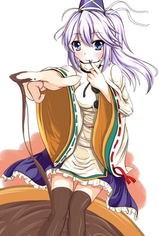 bad_id bad_pixiv_id blue_eyes blush brown_legwear chocolate chocolate_clothes chocolate_covered finger_to_mouth food_as_clothes hat hat_ribbon japanese_clothes kaima kariginu mononobe_no_futo outstretched_hand oversized_object ponytail ribbon shirt silver_hair sitting skirt smile solo thighhighs touhou zettai_ryouiki