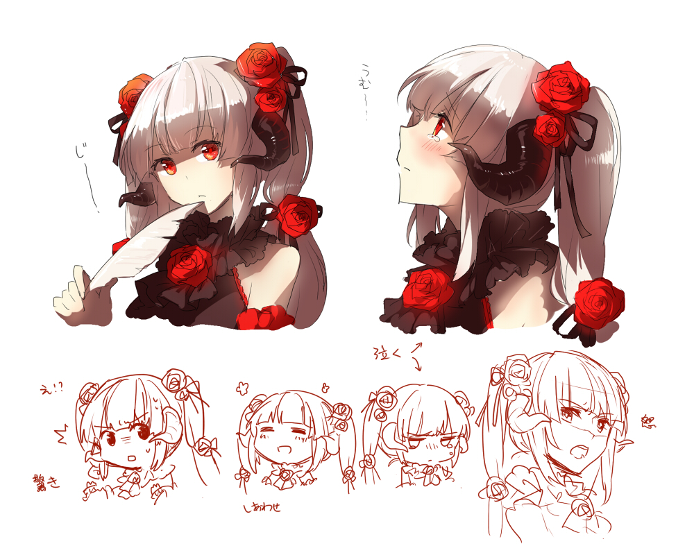 1girl bare_shoulders chibi expressions face flower hair_flower hair_ornament hair_ribbon horns long_hair looking_at_viewer pixiv_fantasia pixiv_fantasia_5 quill red_eyes red_flower red_rose rella ribbon rose sidelocks silver_hair solo staring tears twintails