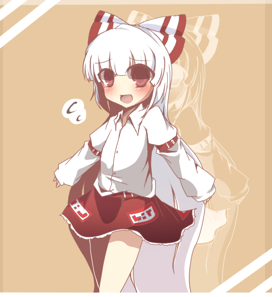 adapted_costume blush bow child dress_shirt fujiwara_no_mokou hair_bow kuroyanagi_yutaka long_hair red_eyes ribbon shirt skirt smile solo touhou very_long_hair white_hair