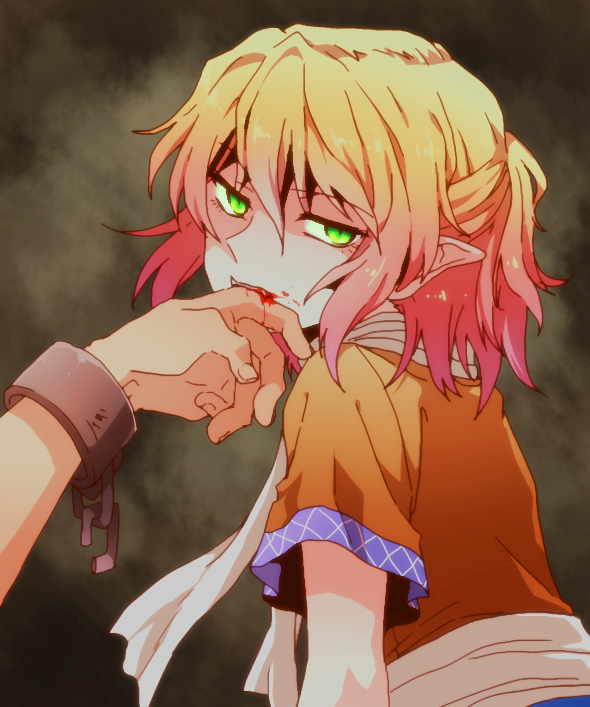 biting blonde_hair blood gradient_hair green_eyes hands hoshiguma_yuugi jitome mizuhashi_parsee multicolored_hair naughty_face pointy_ears rex_k scarf short_sleeves slit_pupils solo_focus staring touhou