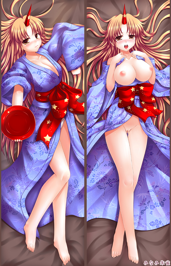 alcohol barefoot blonde_hair blush breasts breasts_outside brown_eyes cleavage cup dakemakura-koubou dakimakura horn hoshiguma_yuugi japanese_clothes kimono large_breasts long_hair lying minami_(dakemakura) multiple_views nipples no_panties open_mouth panties pussy sakazuki sake touhou underwear