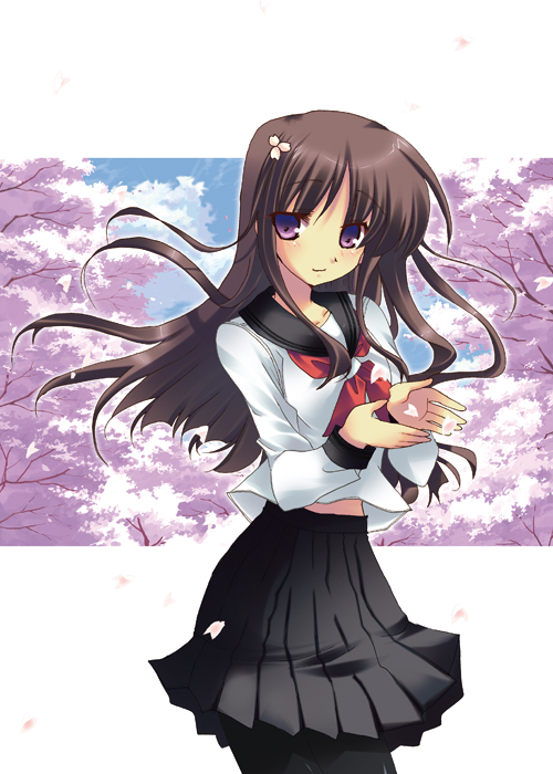 brown_hair cherry_blossoms long_hair original pantyhose purple_eyes school_uniform serafuku solo yuuki_tsubasa