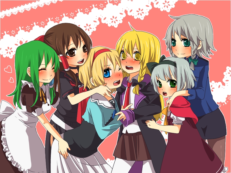 ^_^ akai_ringo_(ookami-san) akai_ringo_(ookami-san)_(cosplay) alice_margatroid alternate_costume ascot bad_id bad_pixiv_id blonde_hair blue_eyes blush bow braid brown_hair capelet closed_eyes contemporary cosplay green_eyes green_hair grey_hair hair_bow hair_ribbon hair_tubes hairband hakurei_reimu hug izayoi_sakuya kiriki_alice kiriki_alice_(cosplay) kirisame_marisa kochiya_sanae konpaku_youmu long_hair maid majolica_le_fay majolica_le_fay_(cosplay) multiple_girls necktie no_hat no_headwear one_eye_closed ookami-san ookami_ryouko ookami_ryouko_(cosplay) open_mouth ribbon ryuuguu_otohime ryuuguu_otohime_(cosplay) short_hair silver_hair skirt smile touhou tsuno_no_hito tsurugaya_otsuu tsurugaya_otsuu_(cosplay) twin_braids yellow_eyes yuri