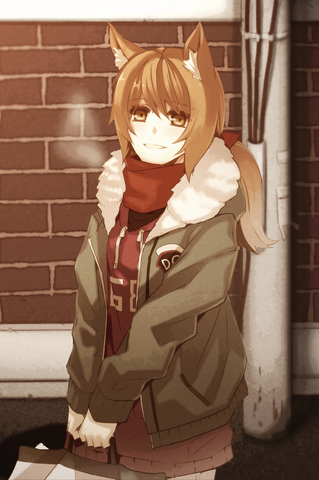 animal_ears bad_id bad_pixiv_id bag brown_hair fox_ears highres ktsis open_mouth original ponytail red_scarf scarf smile solo sweater winter_clothes