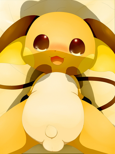 balls blush long_tail looking_at_viewer lying male nintendo nude on_back open_mouth penis pok&#233;mon pok&eacute;mon presenting raichu schnecken shadow smile solo tail uncut video_games