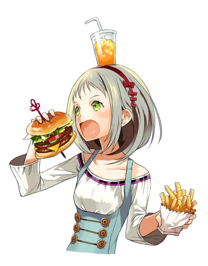 bow drink eating food food_on_head french_fries hair_bow hairband hamburger kyuusugi_toku object_on_head original solo