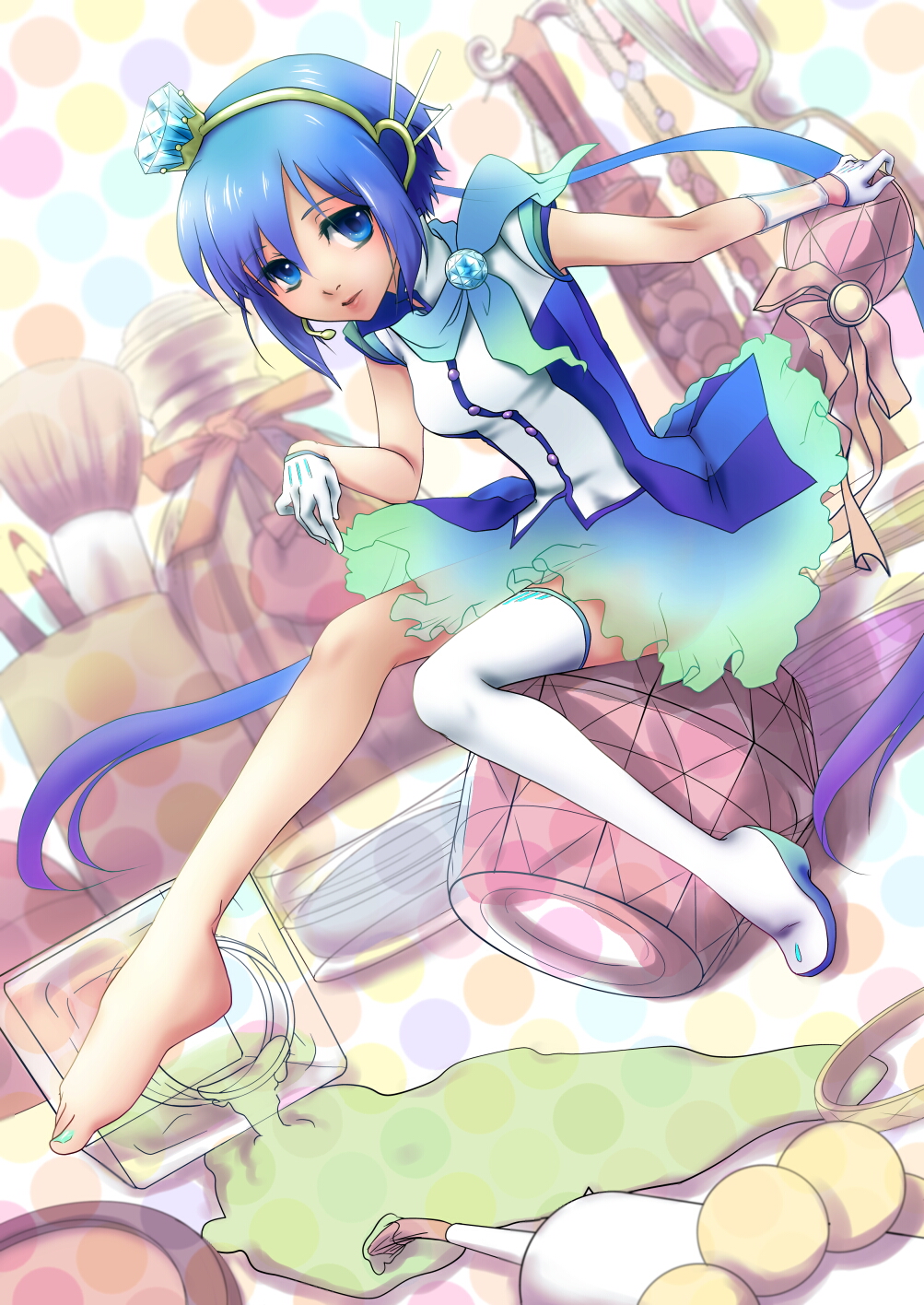 aoki_lapis barefoot blue_eyes blue_hair cosmetics gloves hair_ornament headset highres kunn legs long_hair looking_at_viewer minigirl nail_polish_bottle perfume_(cosmetics) scarf shoes single_shoe single_thighhigh sitting skirt solo thighhighs tourmaline twintails very_long_hair vocaloid