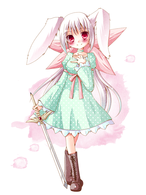 animal_ears bad_id bad_pixiv_id blush bunny_ears hand_on_own_chest long_hair looking_at_viewer meiya_neon pixiv_fantasia pixiv_fantasia_wizard_and_knight red_eyes smile solo sword very_long_hair weapon