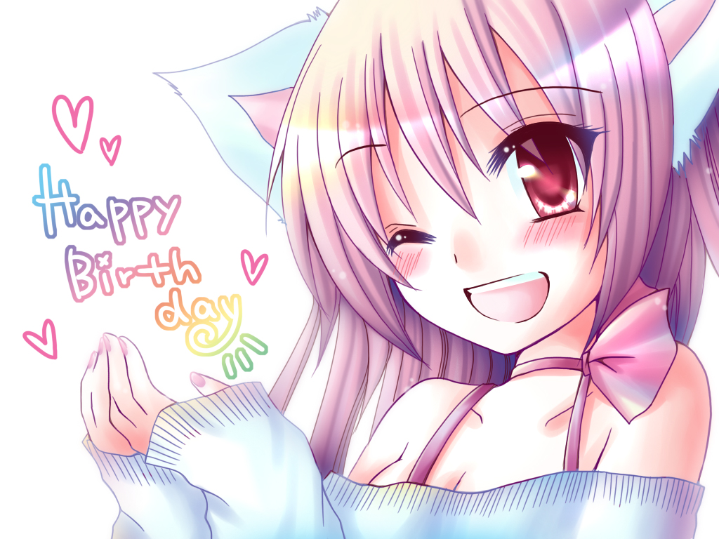 animal_ears blush breasts happy_birthday heart long_hair meiya_neon momocchan open_mouth original red_eyes simple_background small_breasts smile solo white_background