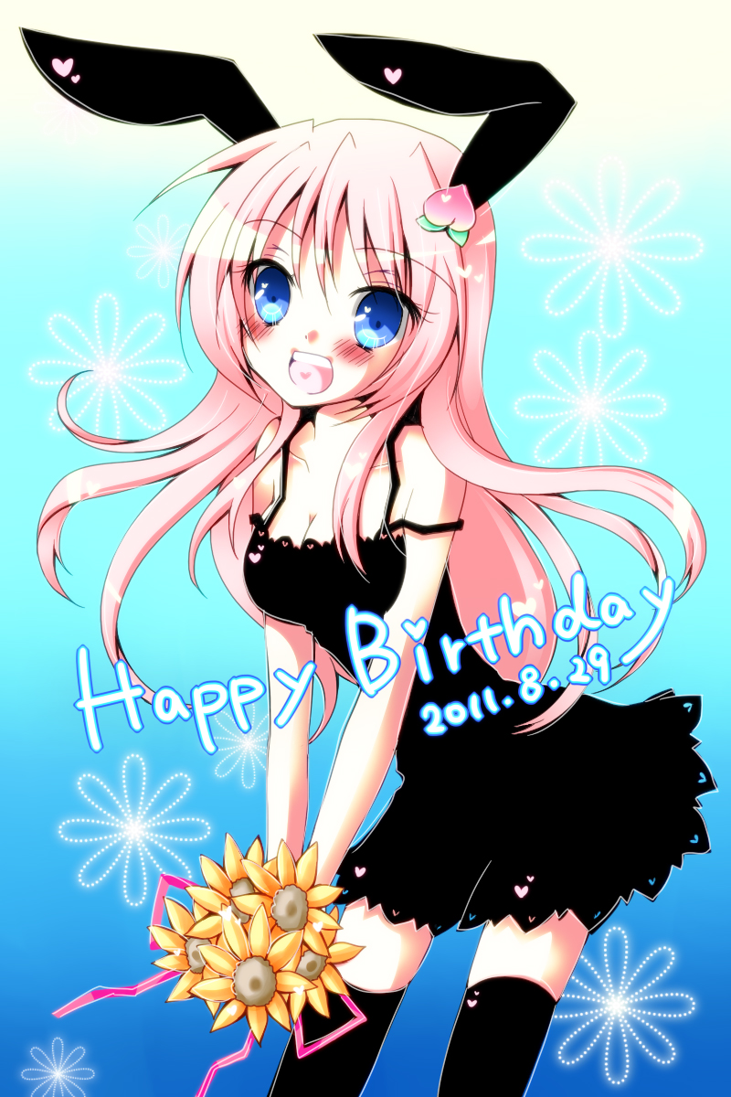 animal_ears blue_eyes blush breasts bunny_ears cleavage dated flower food fruit happy_birthday heart highres long_hair looking_at_viewer medium_breasts meiya_neon momocchan open_mouth original peach pink_hair ribbon smile solo thighhighs
