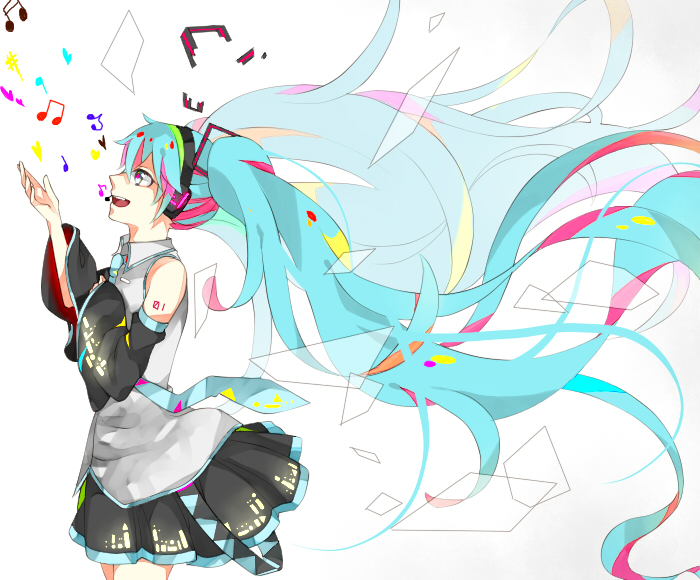 aqua_hair bad_id bad_pixiv_id detached_sleeves floating_hair hatsune_miku headset hisame long_hair musical_note necktie open_mouth simple_background skirt solo twintails very_long_hair vocaloid white_background