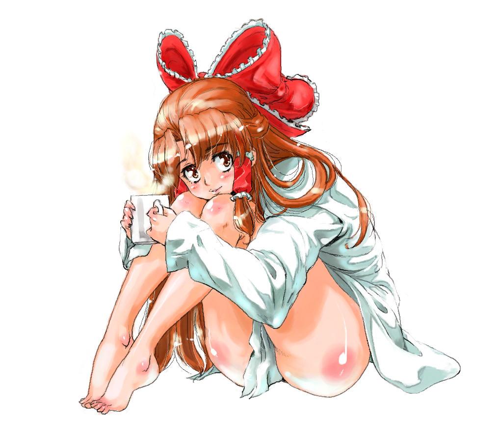 bad_id bad_pixiv_id bare_legs barefoot bow brown_hair censored chikuwa_(tks) convenient_censoring cup feet full_body hair_bow hair_tubes hakurei_reimu head_rest legs looking_at_viewer mug shirt simple_background sitting solo touhou white_background white_shirt