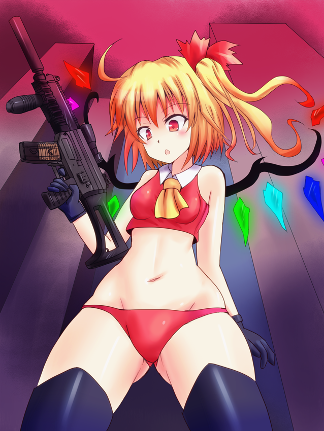 :o adapted_costume ahoge assault_rifle bad_id bad_pixiv_id bare_shoulders bikini_bottom black_gloves black_legwear blonde_hair blush crop_top flandre_scarlet from_below gloves groin gun hair_ribbon midriff navel no_hat no_headwear red_eyes ribbon rifle scope shiny shiny_skin short_hair side_ponytail sig_552 sig_sauer skindentation solo sumapan suppressor thighhighs touhou vertical_foregrip weapon