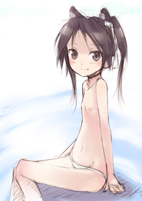 animal_ears blush brown_eyes brown_hair choker fang flat_chest francesca_lucchini looking_at_viewer nananamiyu nipples panties sitting sketch skinny smile solo strike_witches topless underwear world_witches_series