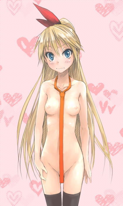 bad_id bad_pixiv_id black_legwear blonde_hair blue_eyes blush breasts censored convenient_censoring kirisaki_chitoge long_hair naked_necktie necktie nipples nisekoi nude small_breasts solo thighhighs wander_(cordabyss)