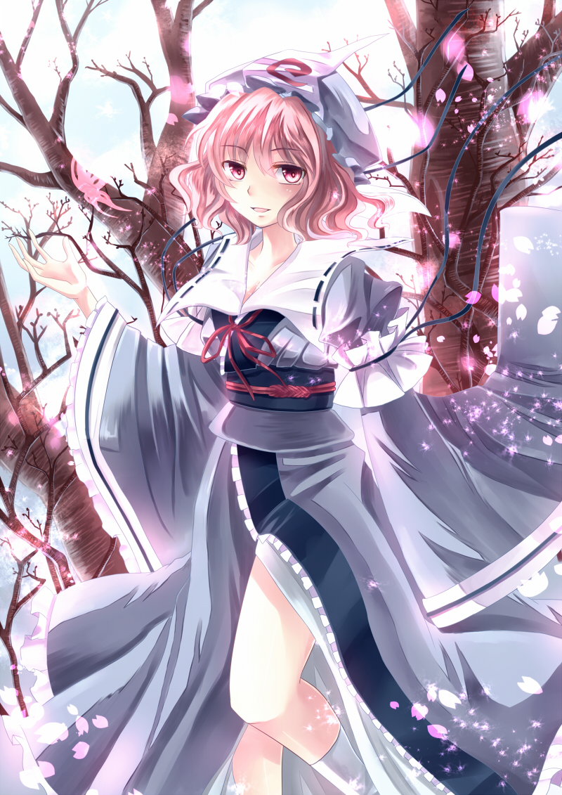 arm_up armband blue_sky bug butterfly center_frills cherry_blossoms cloud day eyebrows_visible_through_hair frilled_sleeves frills hat insect japanese_clothes kimono kneehighs light_particles long_sleeves looking_at_viewer miyakure obi open_hand parted_lips petals pink_eyes pink_hair ribbon saigyouji_yuyuko sash short_hair sky sleeves_past_wrists smile solo touhou tree triangular_headpiece wide_sleeves