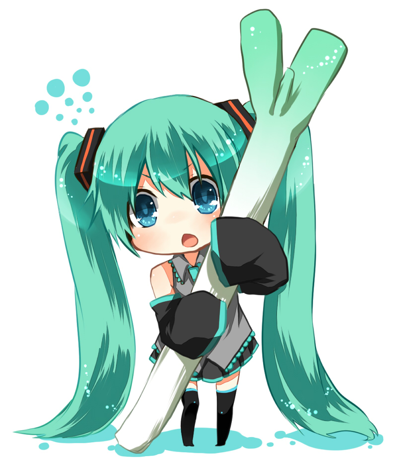 aqua_eyes bad_id bad_pixiv_id chibi detached_sleeves green_hair hatsune_miku long_hair nasuko open_mouth oversized_object simple_background skirt sleeves_past_wrists solo spring_onion thighhighs twintails very_long_hair vocaloid white_background