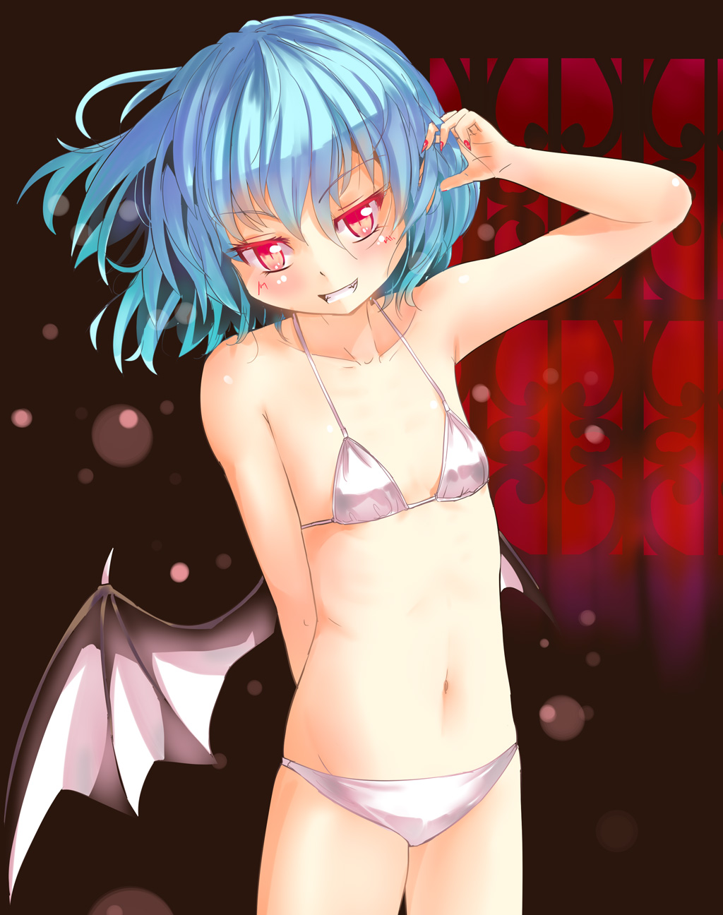 bad_id bad_pixiv_id bat_wings bikini blue_hair child culter flat_chest grin highres nail_polish navel no_hat no_headwear open_mouth red_eyes remilia_scarlet short_hair smile solo swimsuit teasing touhou white_bikini wings