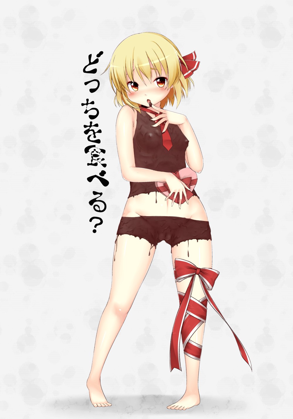 barefoot blonde_hair blush breasts chocolate chocolate_clothes chocolate_on_breasts chocolate_on_pussy fat_mons finger_licking food_as_clothes gift groin highres licking naked_chocolate natsuki_mitsu necktie nipples nude orange_eyes pussy rumia small_breasts solo standing touhou translated valentine